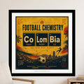 Football Chemistry poster with Colombian cities and soccer imagery.