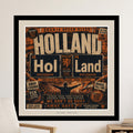 Holland football poster with text "Oranje Boven Alles" and city names.