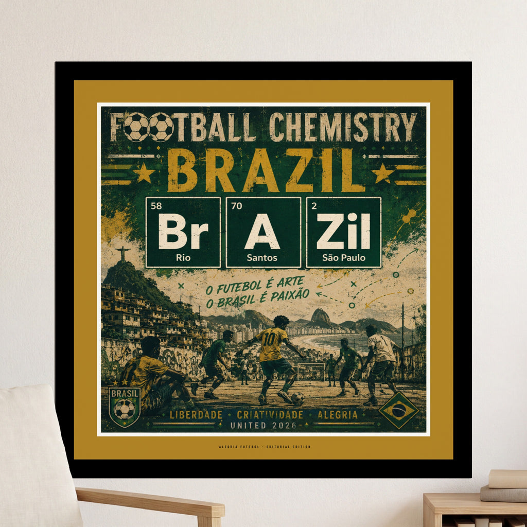 Poster with "Football Chemistry Brazil" and soccer players, referencing Rio and São Paulo.