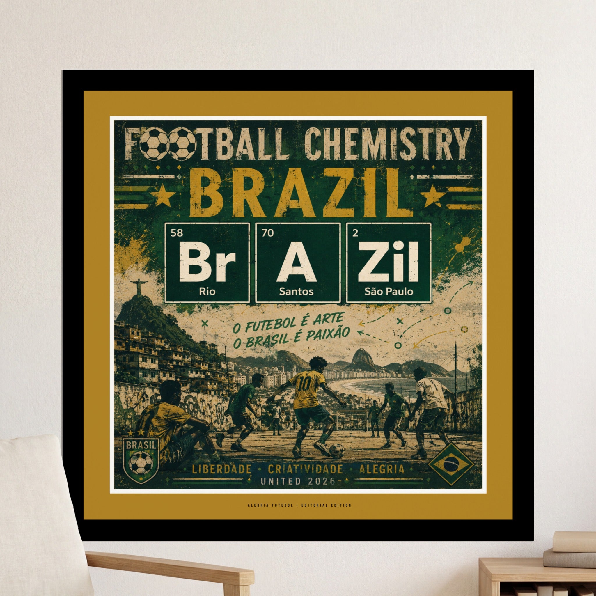 Poster with "Football Chemistry Brazil" and soccer players, referencing Rio and São Paulo.