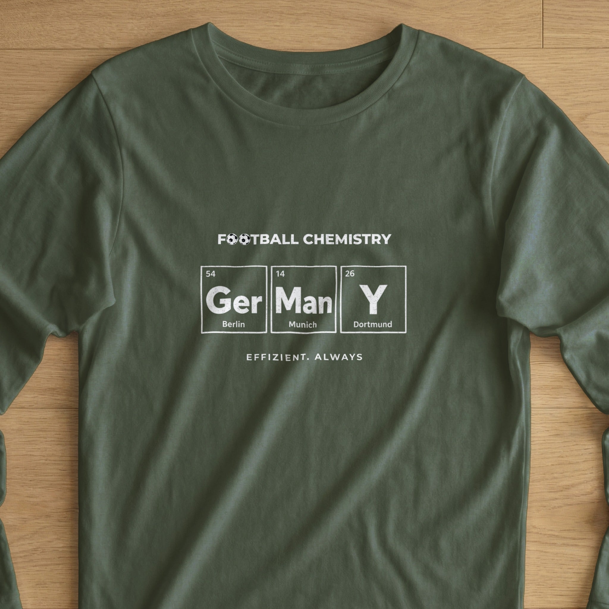 Green t-shirt with "FOOTBALL CHEMISTRY" and periodic table elements for Germany.