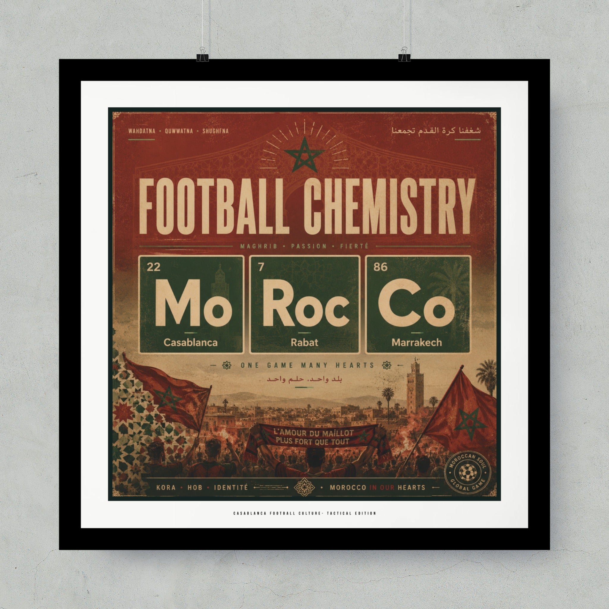 Football Chemistry poster with periodic table elements Mo, Roc, Co for Casablanca, Rabat, Marrakech.
