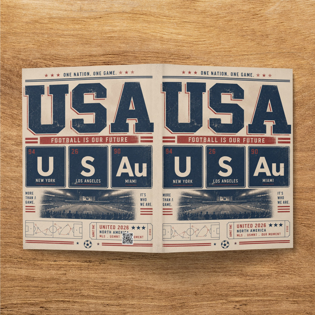 USA text and soccer stadium design with United 2026 branding.