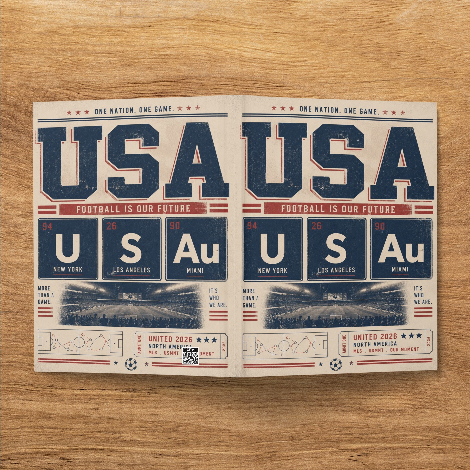 USA text and soccer stadium design with United 2026 branding.