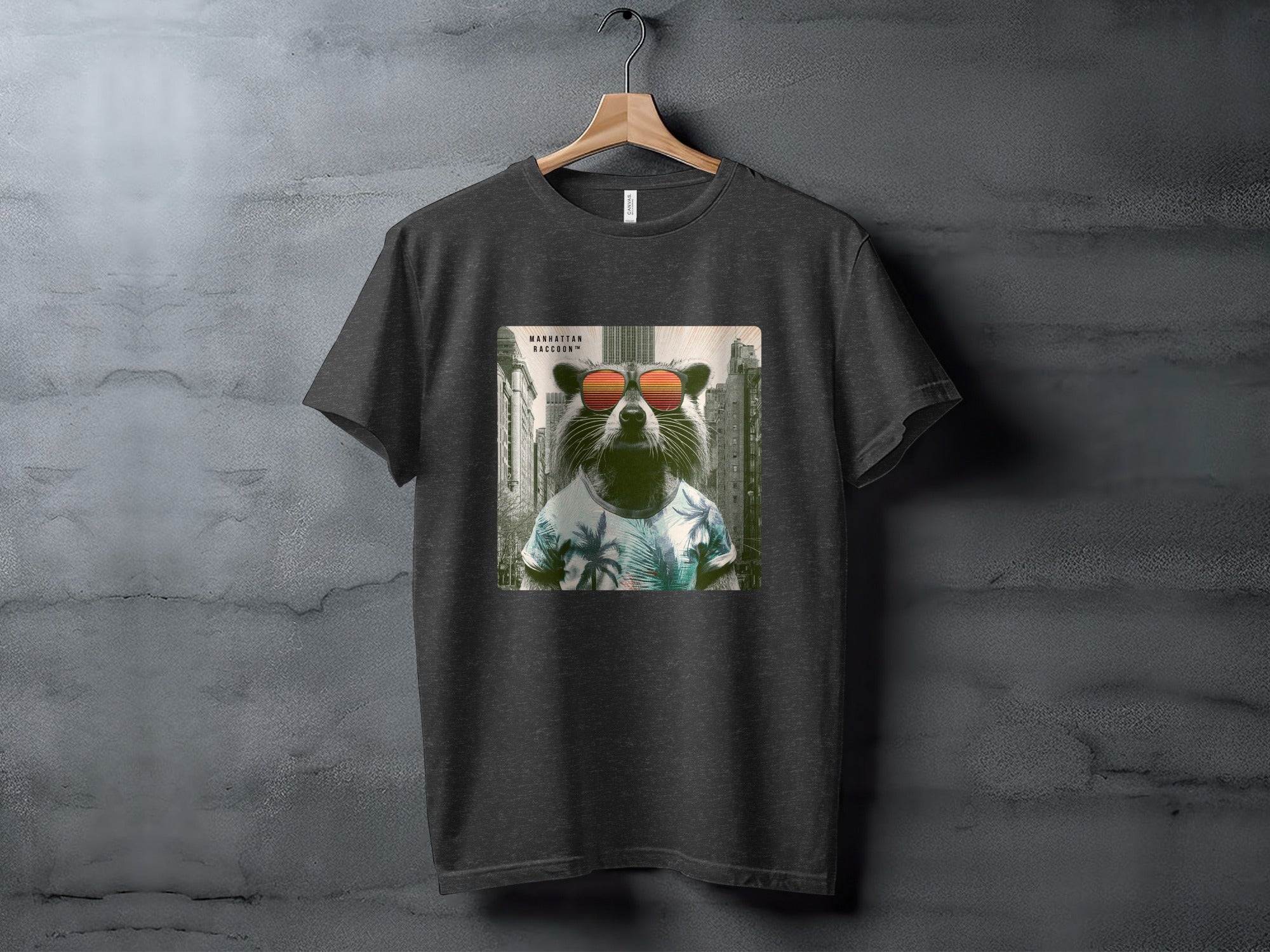 Dark grey t-shirt with a raccoon wearing sunglasses and a Hawaiian shirt.