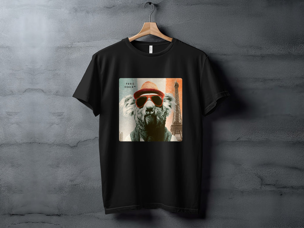 Black t-shirt featuring a koala in sunglasses and a hat with Paris skyline.