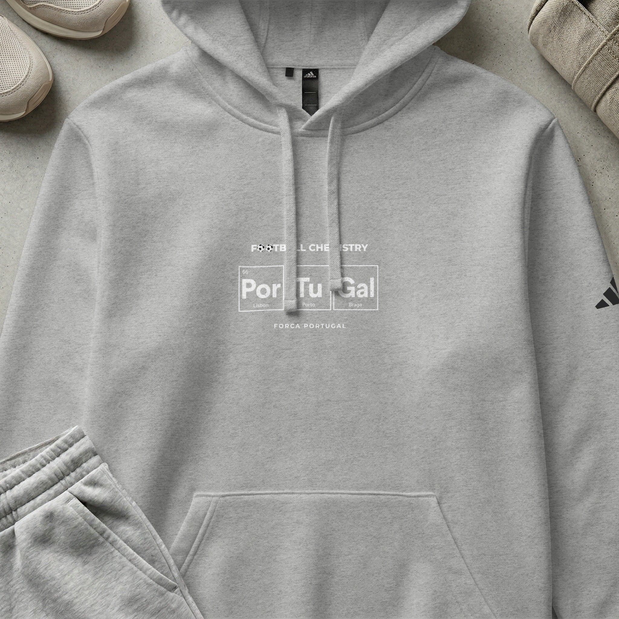Gray Adidas hoodie with "Football Chemistry" and Portugal elements.