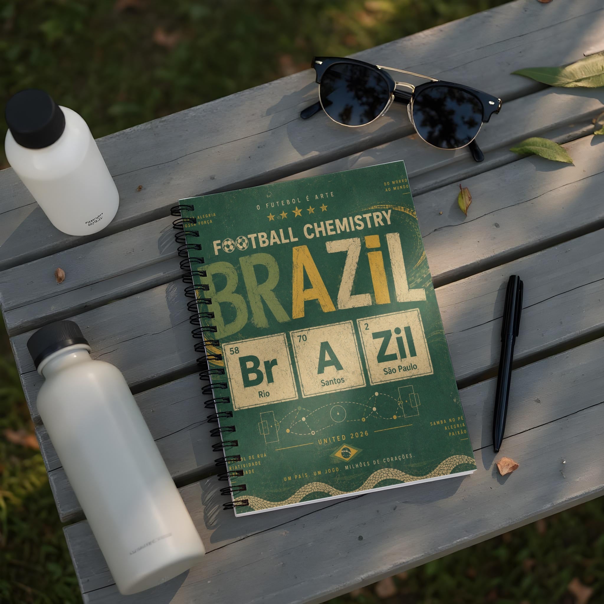 Notebook with "Brazil Football Chemistry" cover featuring periodic table elements and city names.