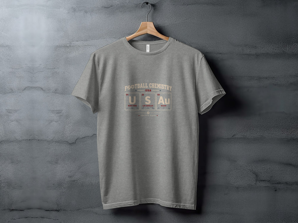 Grey t-shirt with "Football Chemistry USA" and periodic table elements.