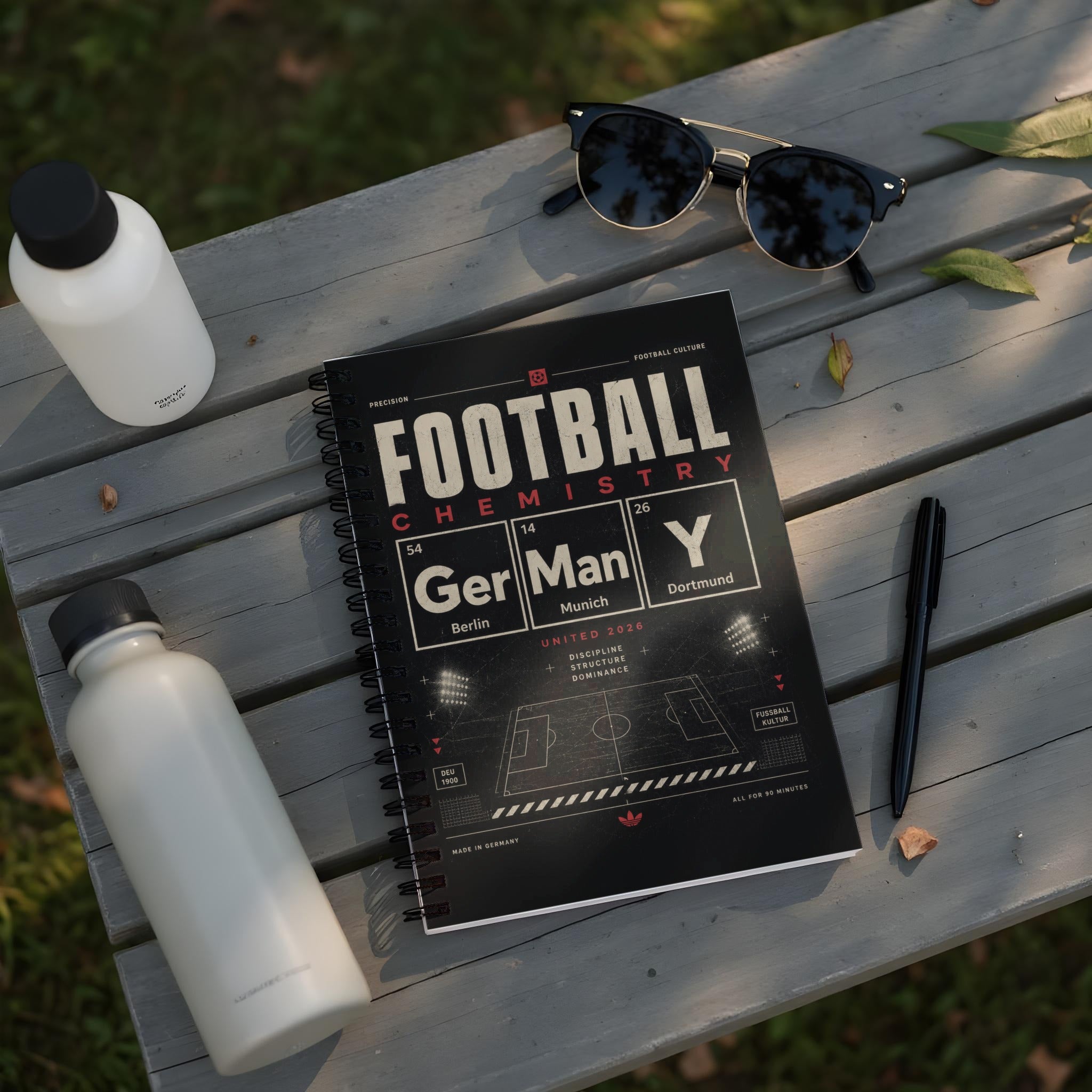 Spiral-bound notebook with "Football Chemistry" cover design and soccer stadium graphic.