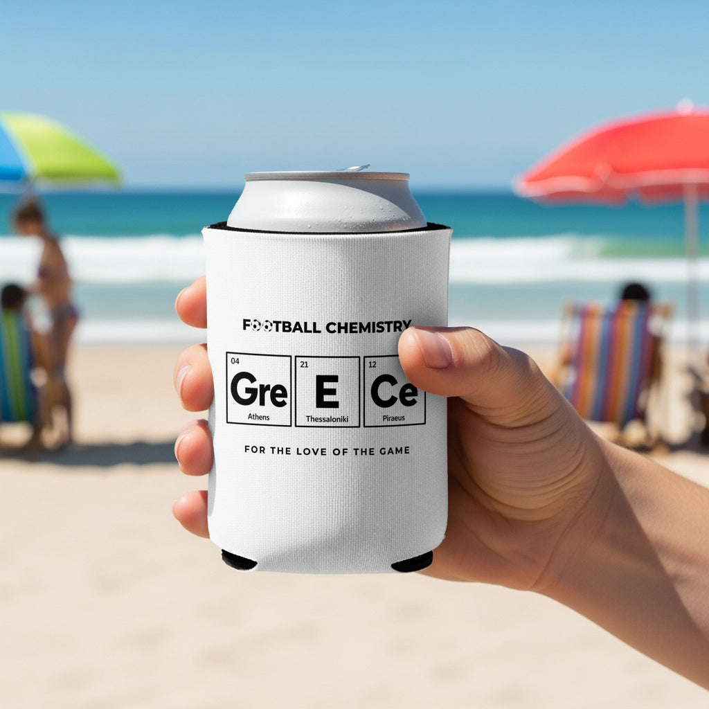 Can cooler with "Football Chemistry" and Greek cities on it.
