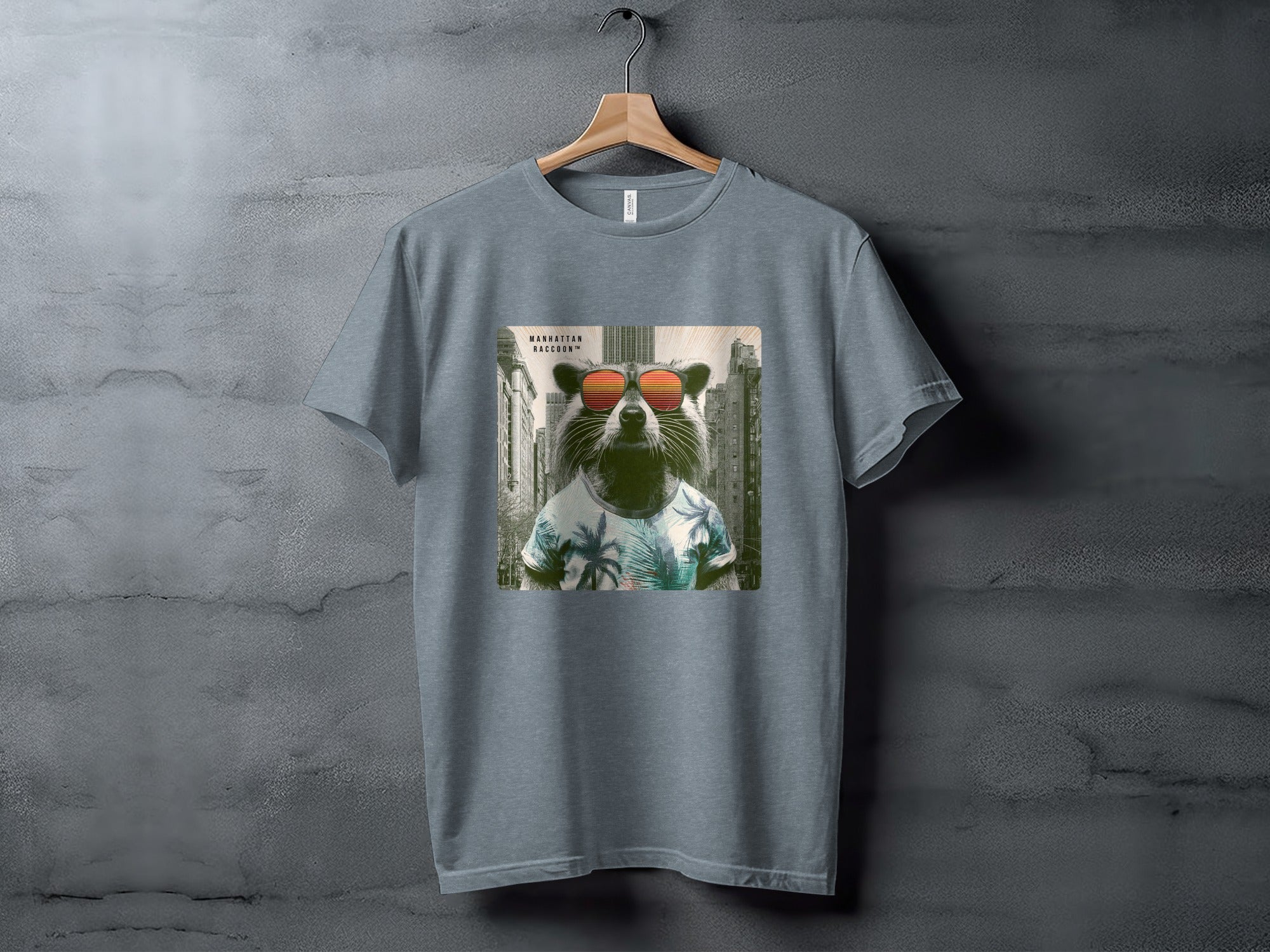 T-shirt with a stylized raccoon wearing sunglasses and a tropical shirt.