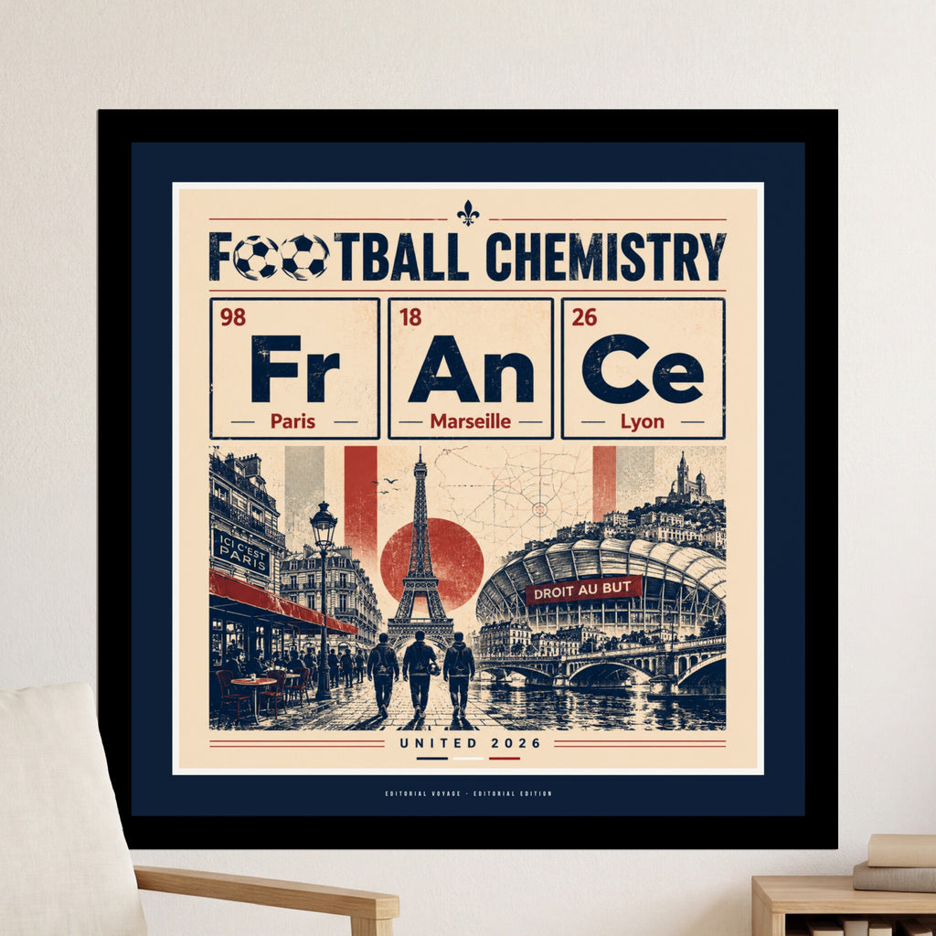 Periodic table graphic with football teams from Paris, Marseille, and Lyon.