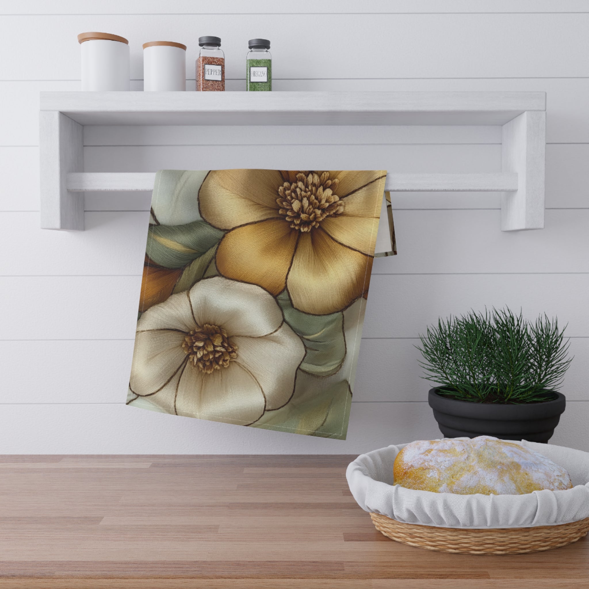 Golden Bloom Kitchen Towel - 3D Embroidery-Style Botanical Kitchen Towel motivational design