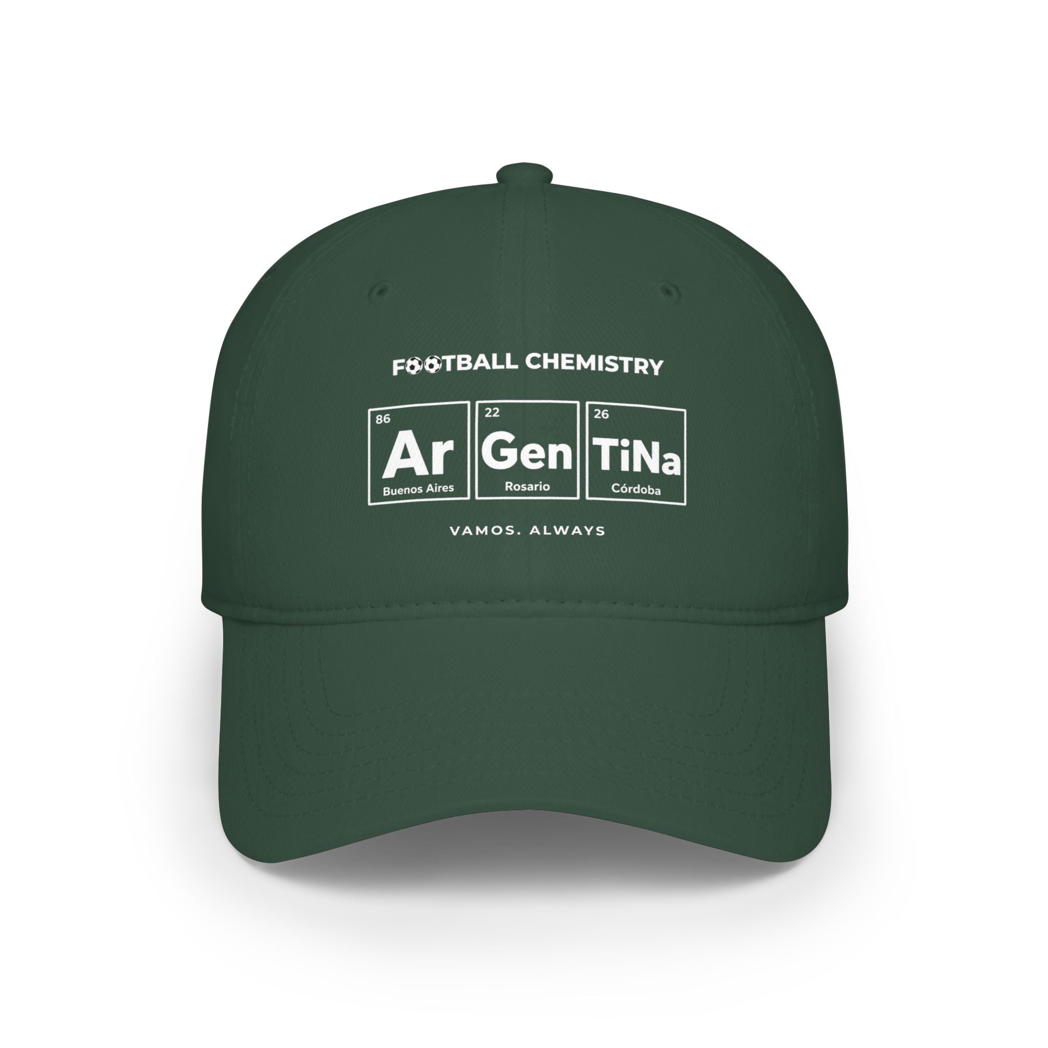 Dark green baseball cap with "FOOTBALL CHEMISTRY" and periodic table elements.