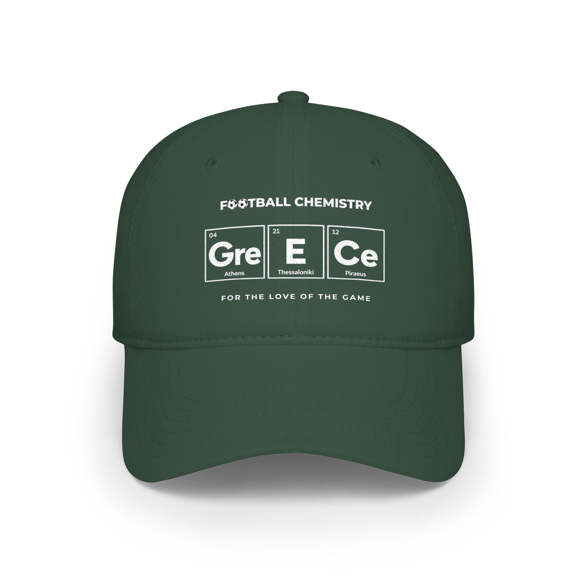 Green baseball cap with "Football Chemistry" and periodic table element-style text.