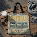 Tote bag with "Australia Football Chemistry" text, map, and city coordinates.