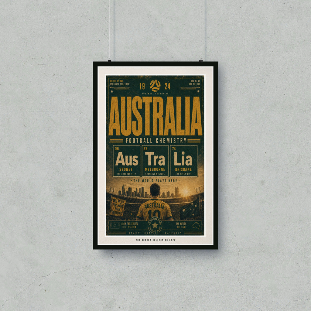 Australia football poster with cities, team names, and patriotic slogans.