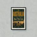Australia football poster with cities, team names, and patriotic slogans.