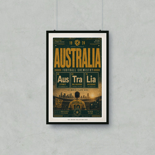 Australia football poster with cities, team names, and patriotic slogans.