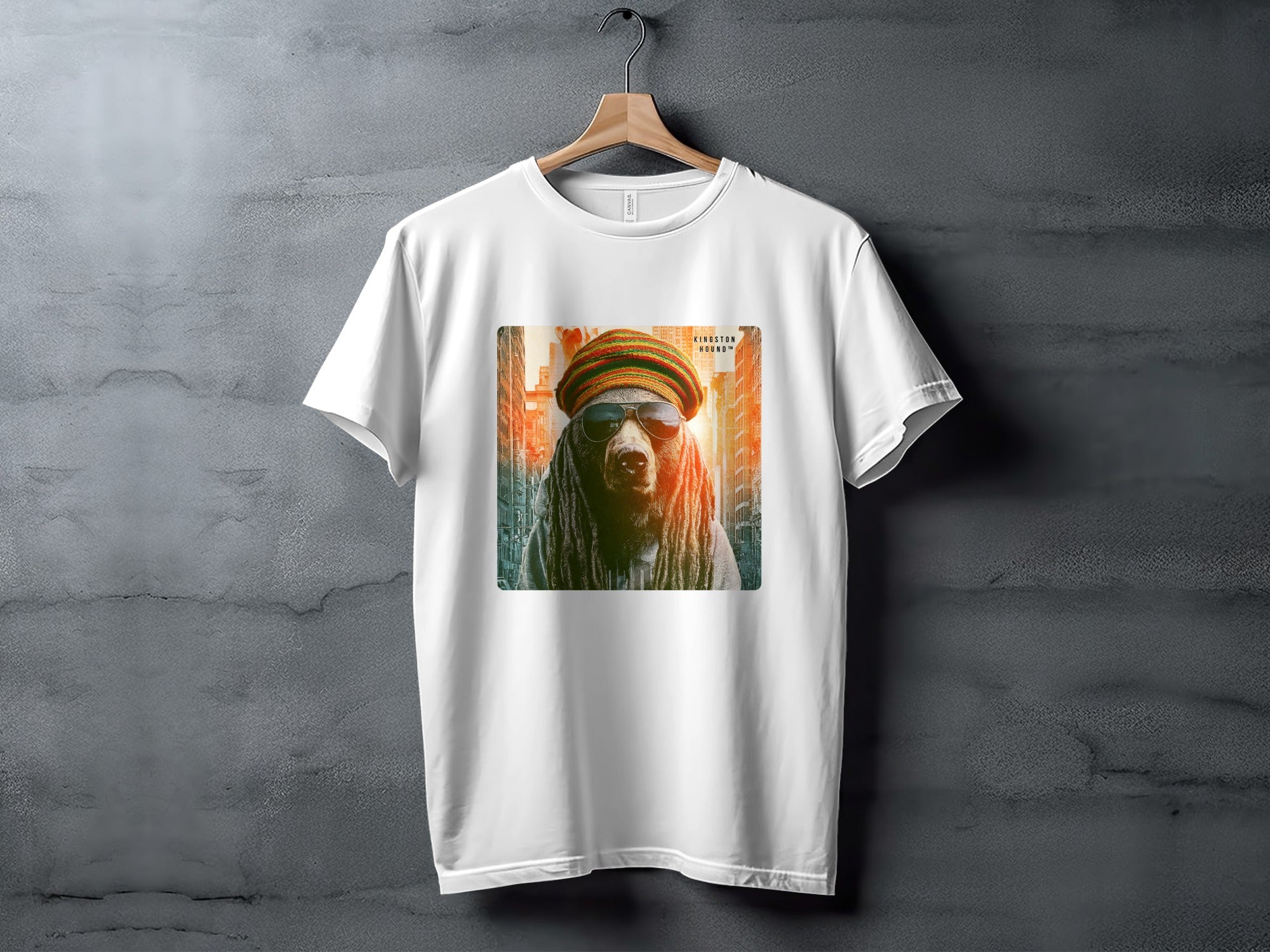 White t-shirt with a graphic of a dog wearing sunglasses and a beanie.