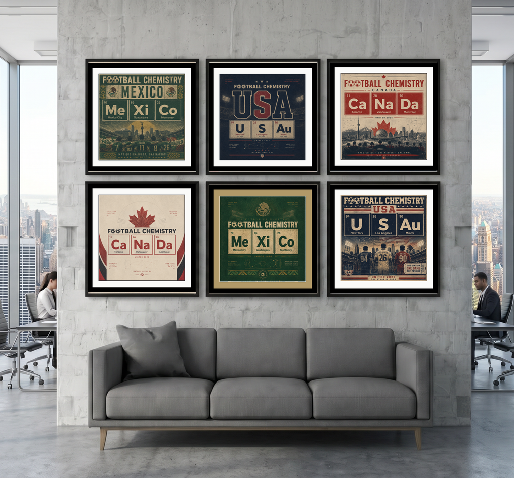 Framed prints depicting "Football Chemistry" for Mexico, USA, and Canada, featuring country names, flags, and cities.