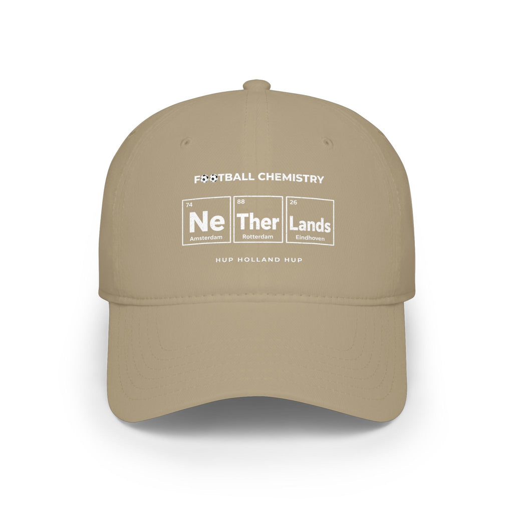 Khaki baseball cap with "FOOTBALL CHEMISTRY" and "Ne Ther Lands" periodic table design.