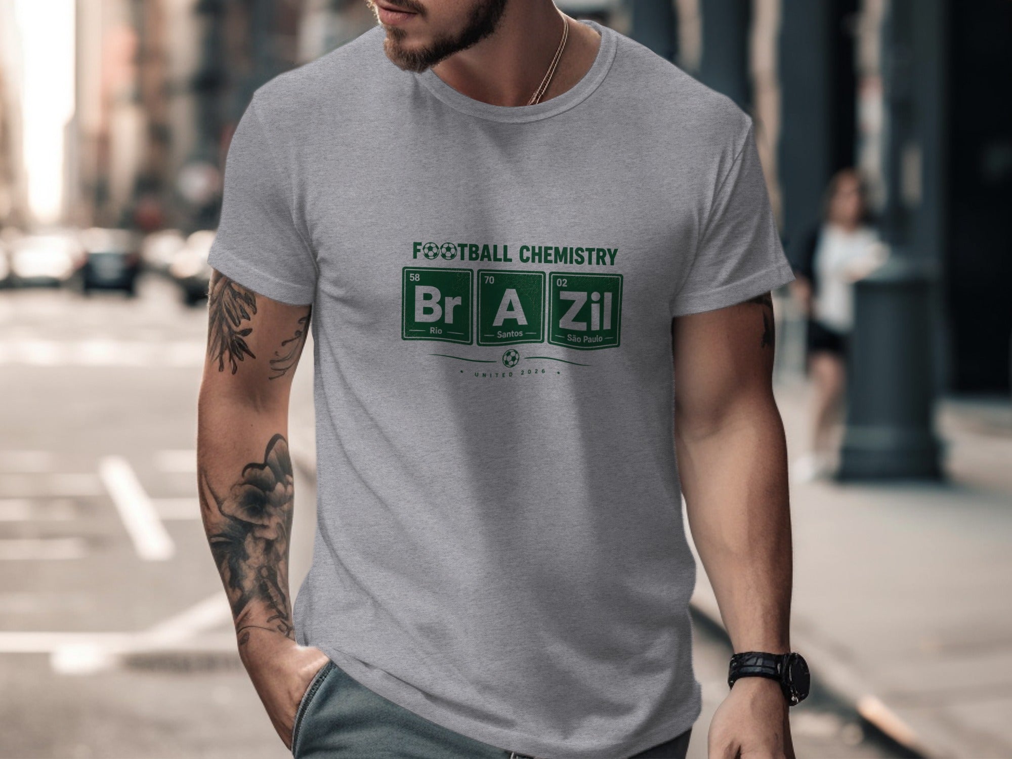 Grey t-shirt with "FOOTBALL CHEMISTRY Br A Zil" text and "UNITED 2024" below.