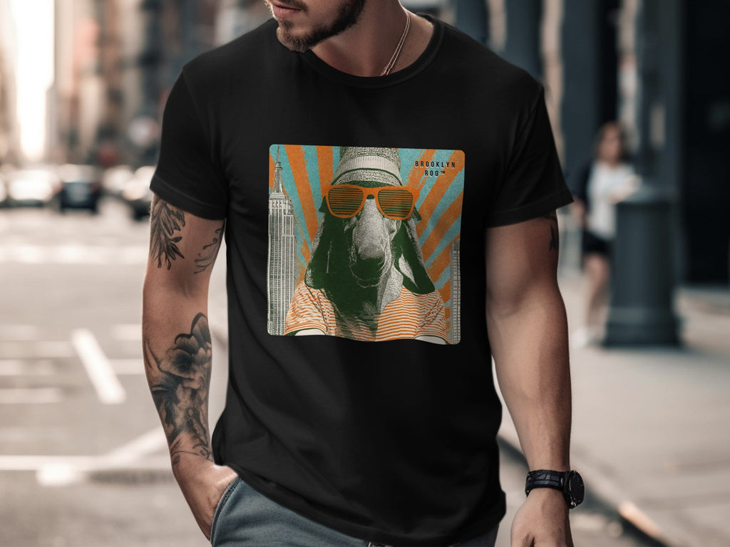 Goat in sunglasses and striped shirt with Brooklyn Roo text.
