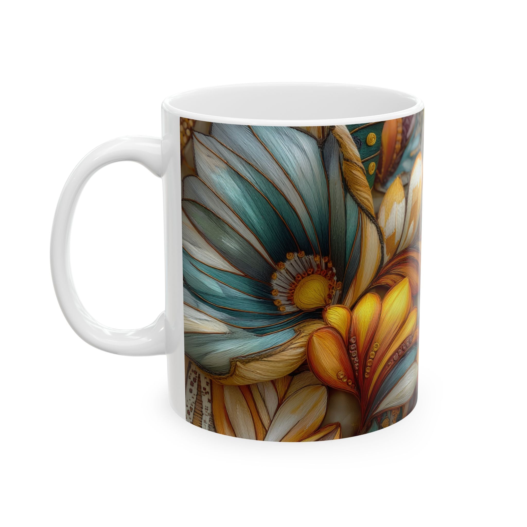 Sculpted Bloom ceramic mug with botanical 3D embroidery-style floral design, white ceramic glossy finish