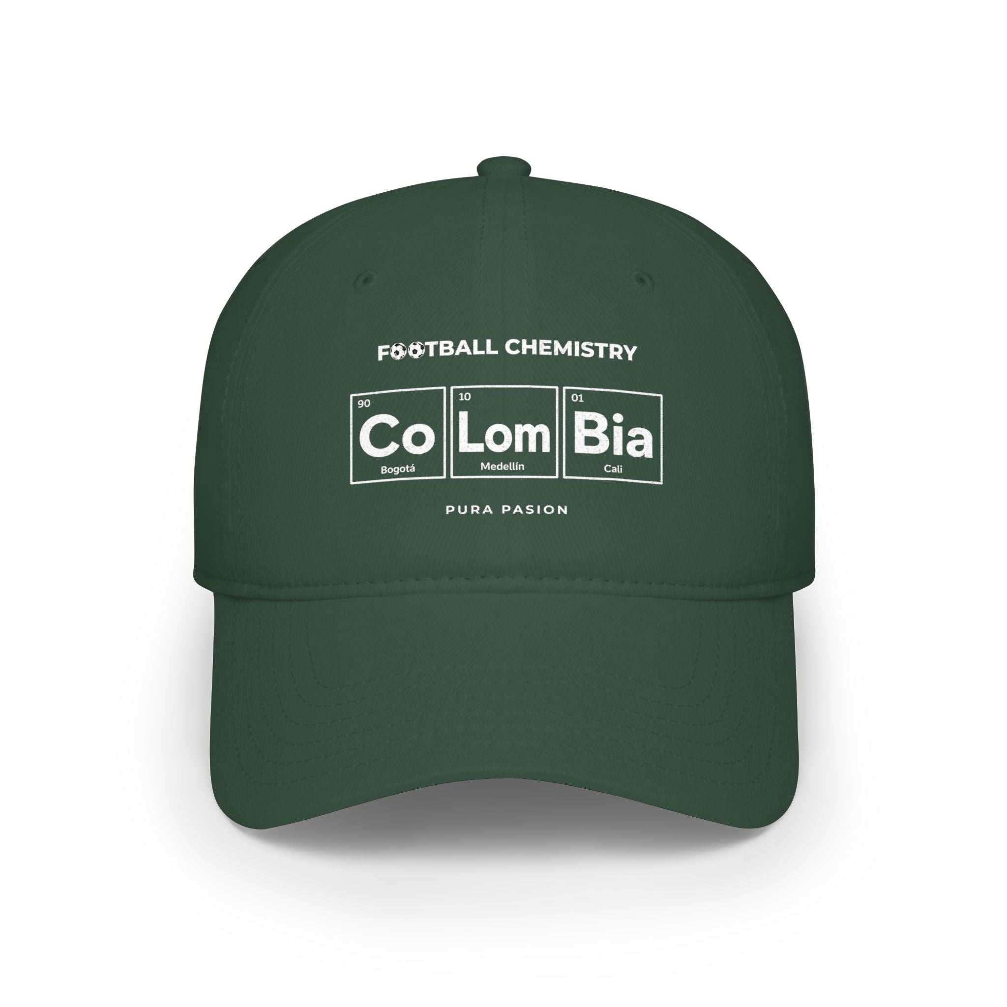 Dark green baseball cap with "Football Chemistry" and "Colombia" in periodic table style.
