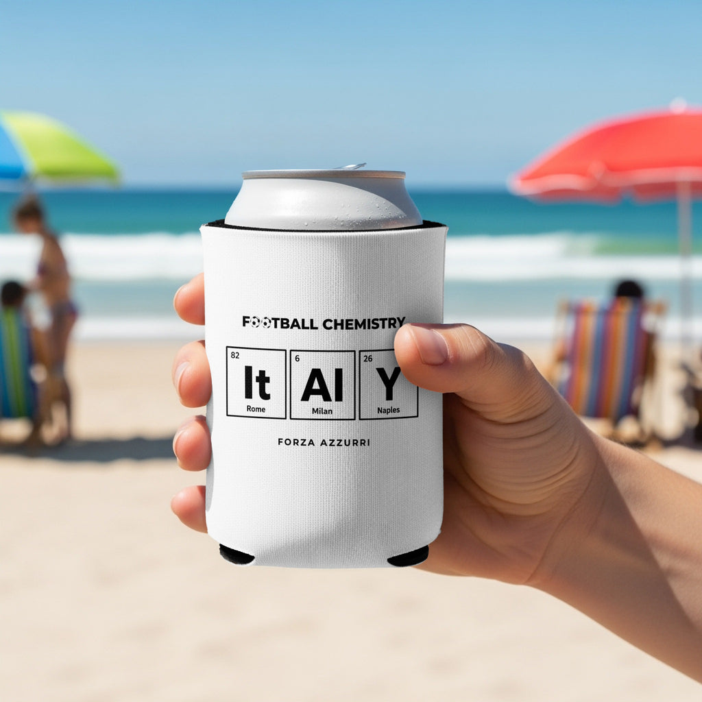 White koozie featuring "It Al Y" periodic table design with "FORZA AZZURRI" text.