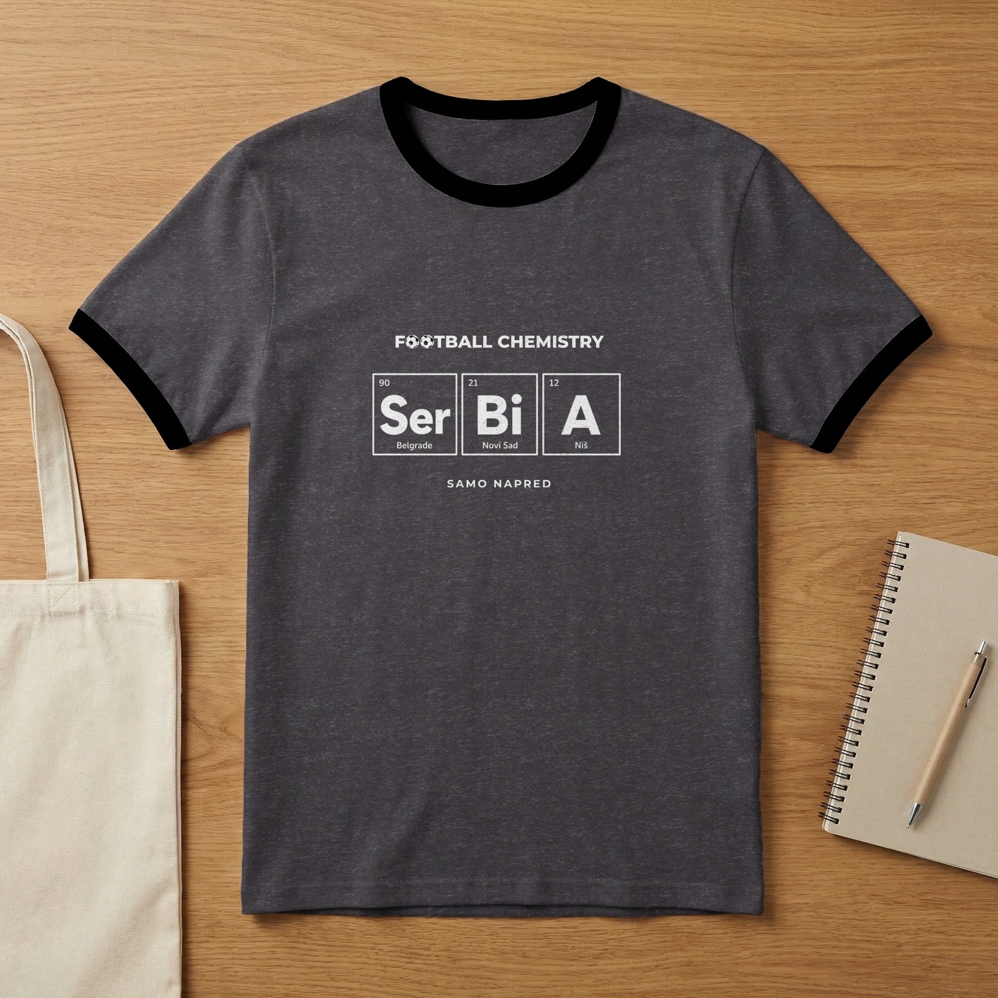 T-shirt with "FOOTBALL CHEMISTRY" and "SERBIA" in periodic table style, "SAMO NAPRED".