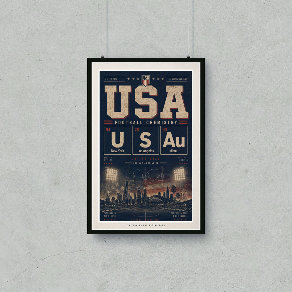 USA Football Chemistry 2026 poster with New York, Los Angeles, Miami, and city skyline.