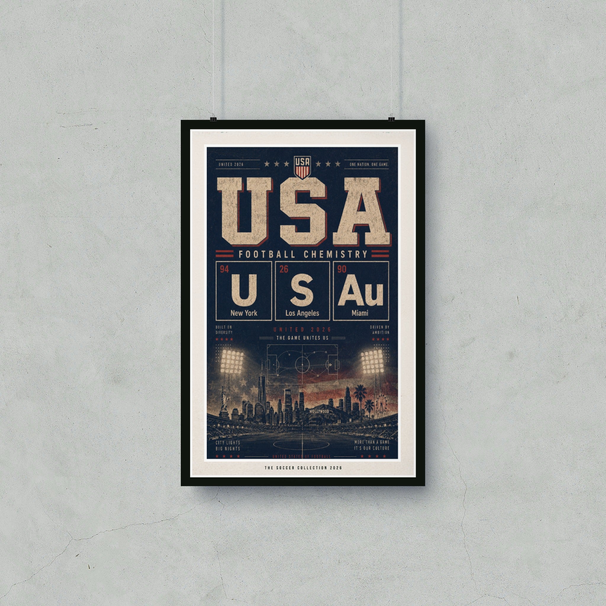USA Football Chemistry 2026 poster with New York, Los Angeles, Miami, and city skyline.