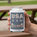 USA football chemistry can cooler with city skylines and text.