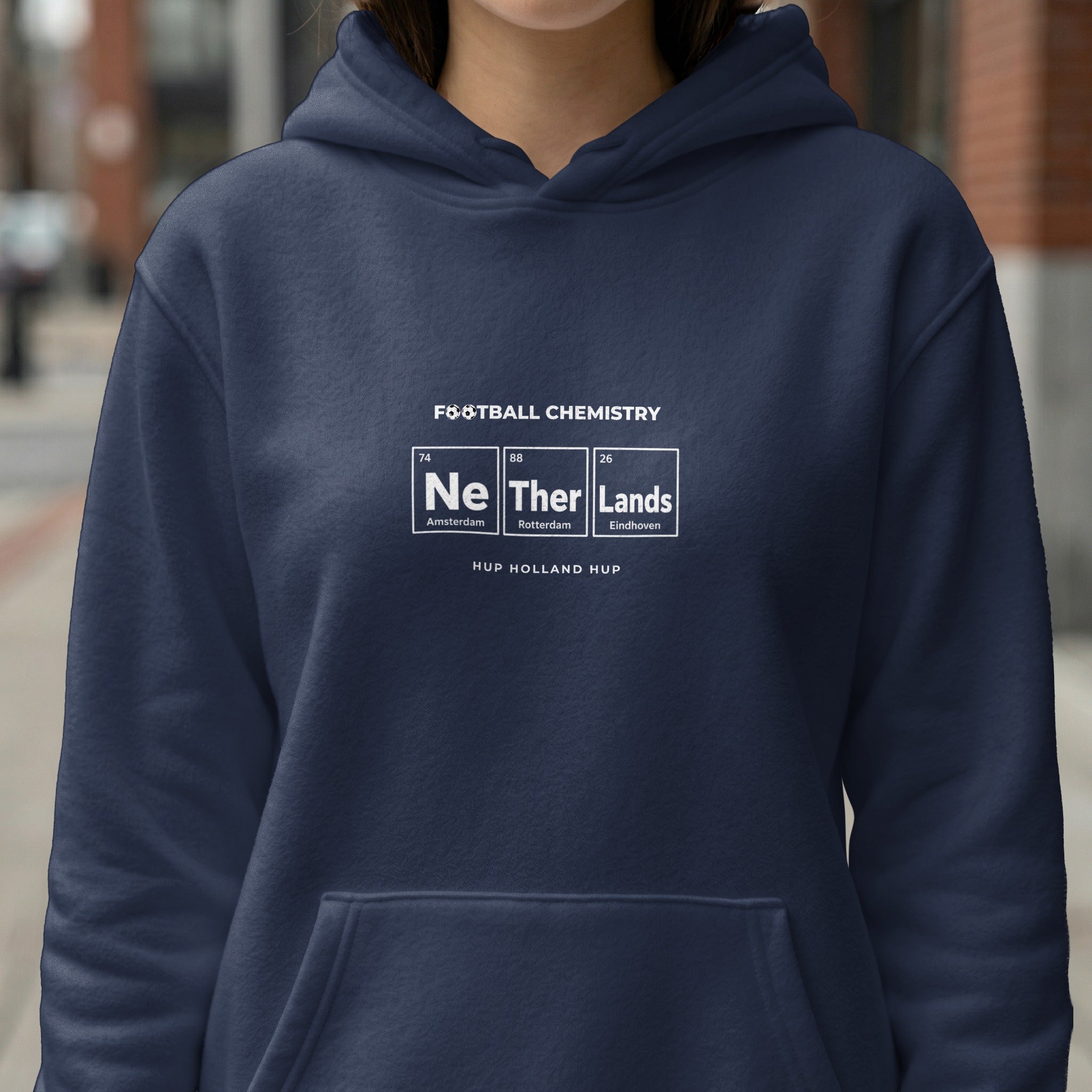 Navy hoodie with "F88TBALL CHEMISTRY" and periodic table elements.