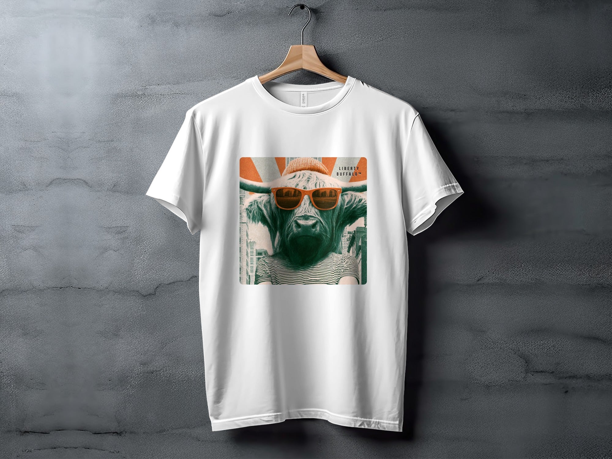 White t-shirt with a graphic of a bull wearing sunglasses and a beanie.
