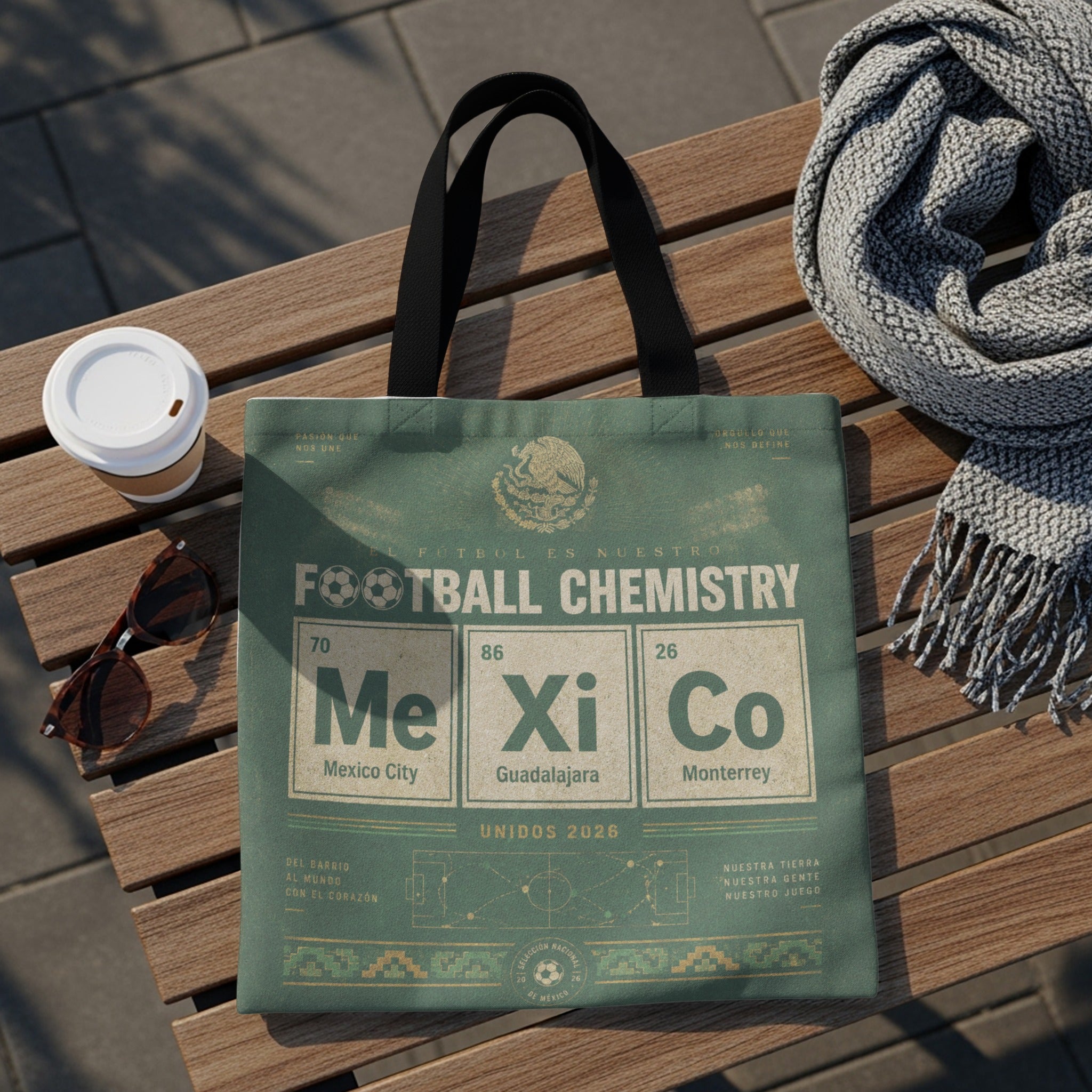 Tote bag with "Football Chemistry" text and Mexican cities: Mexico City, Guadalajara, Monterrey.