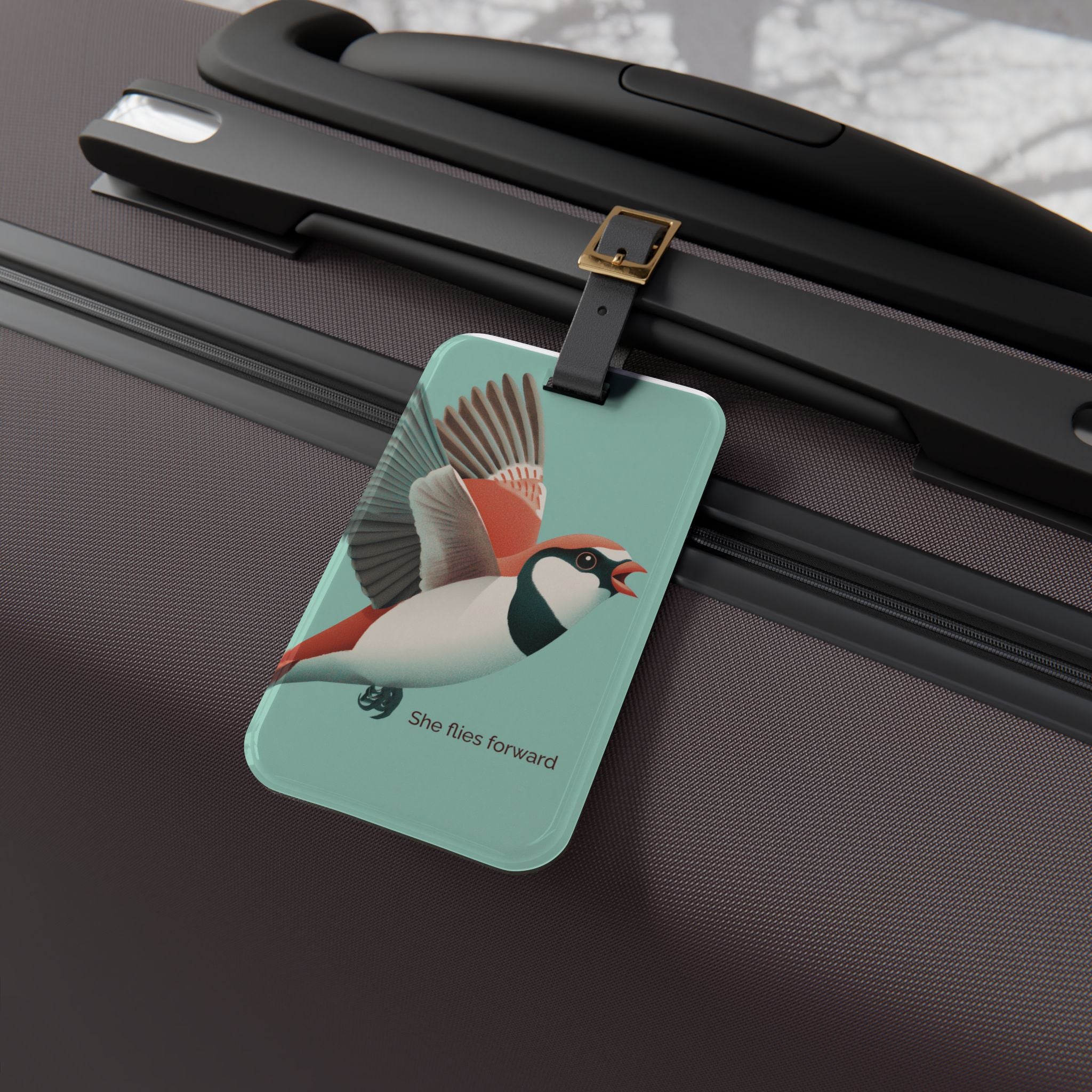 She Flies Forward Luggage Tag | Motivational Graphic Green Minimal