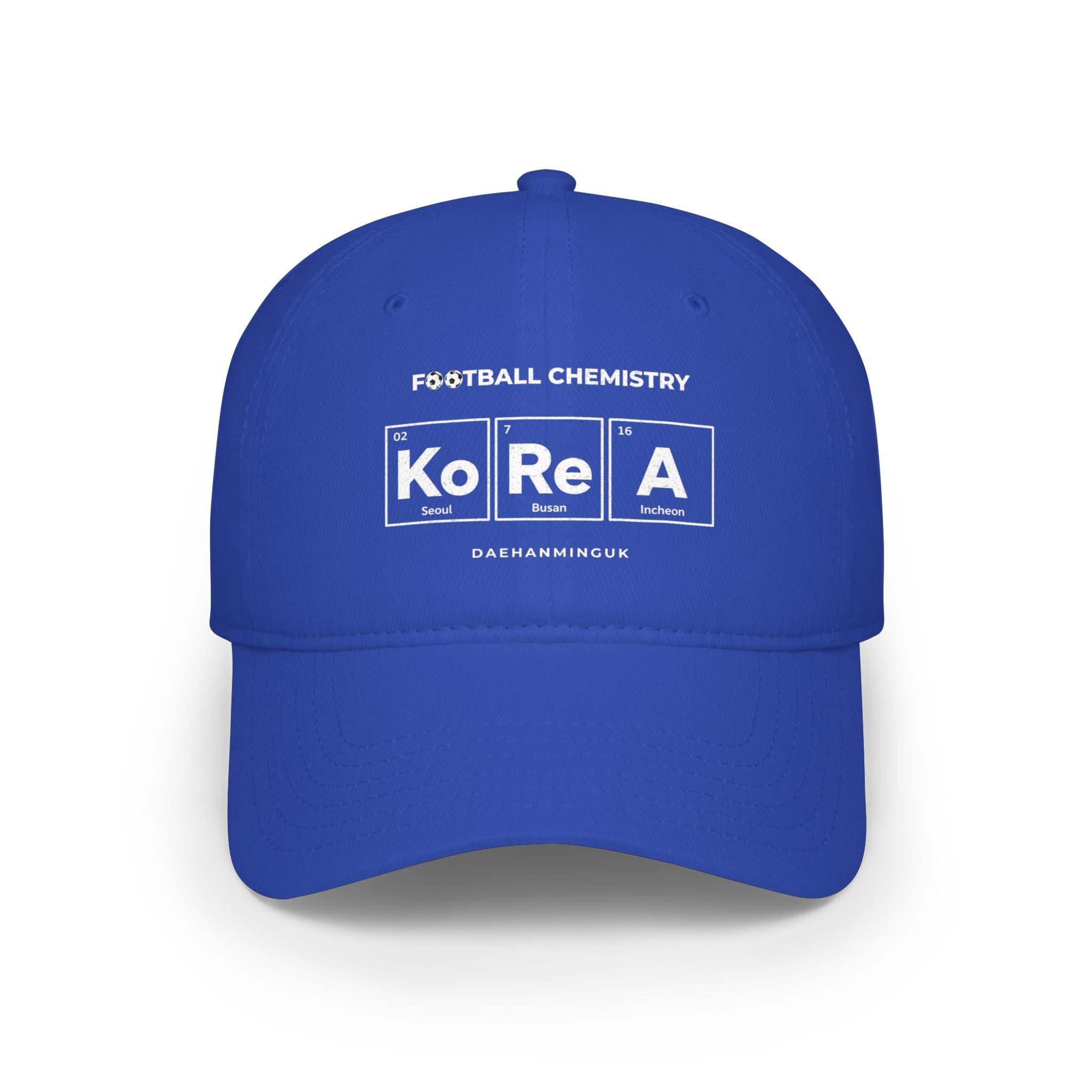 Blue baseball cap with "FOOTBALL CHEMISTRY Ko RE A" and "DAEHANMINKUG" text.