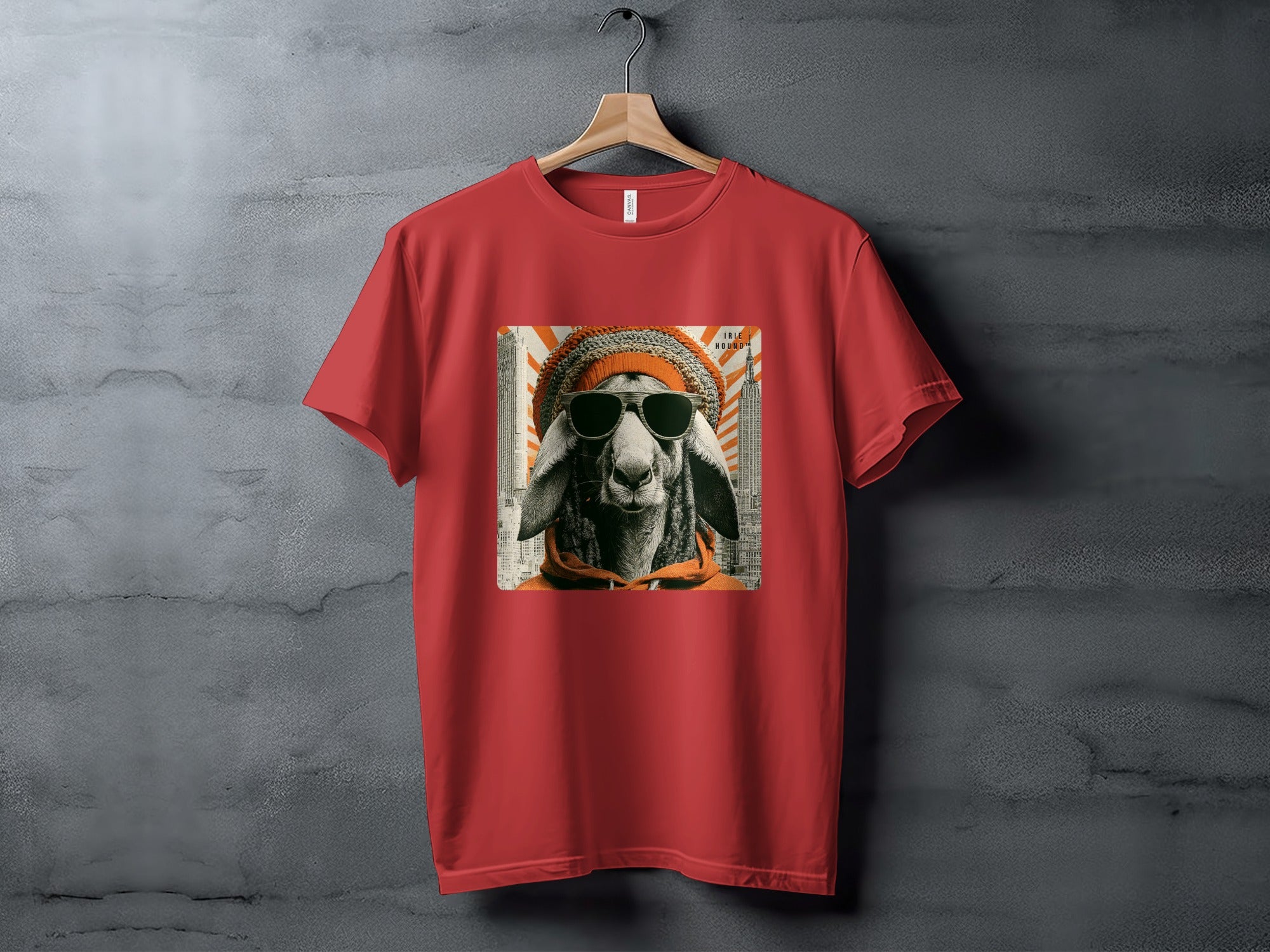 Red t-shirt with graphic of sheep wearing sunglasses and beanie.