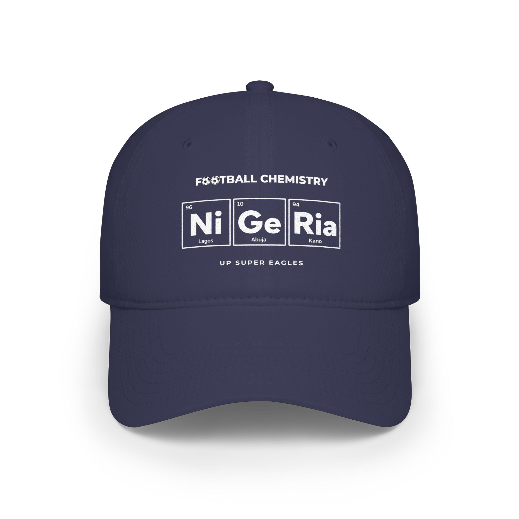 Navy blue baseball cap with "Football Chemistry" and chemical elements for Nigerian cities.