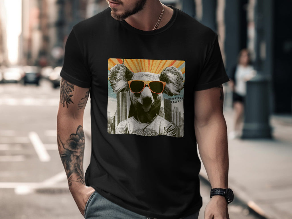 Black t-shirt with graphic of a koala wearing sunglasses and a sunburst.