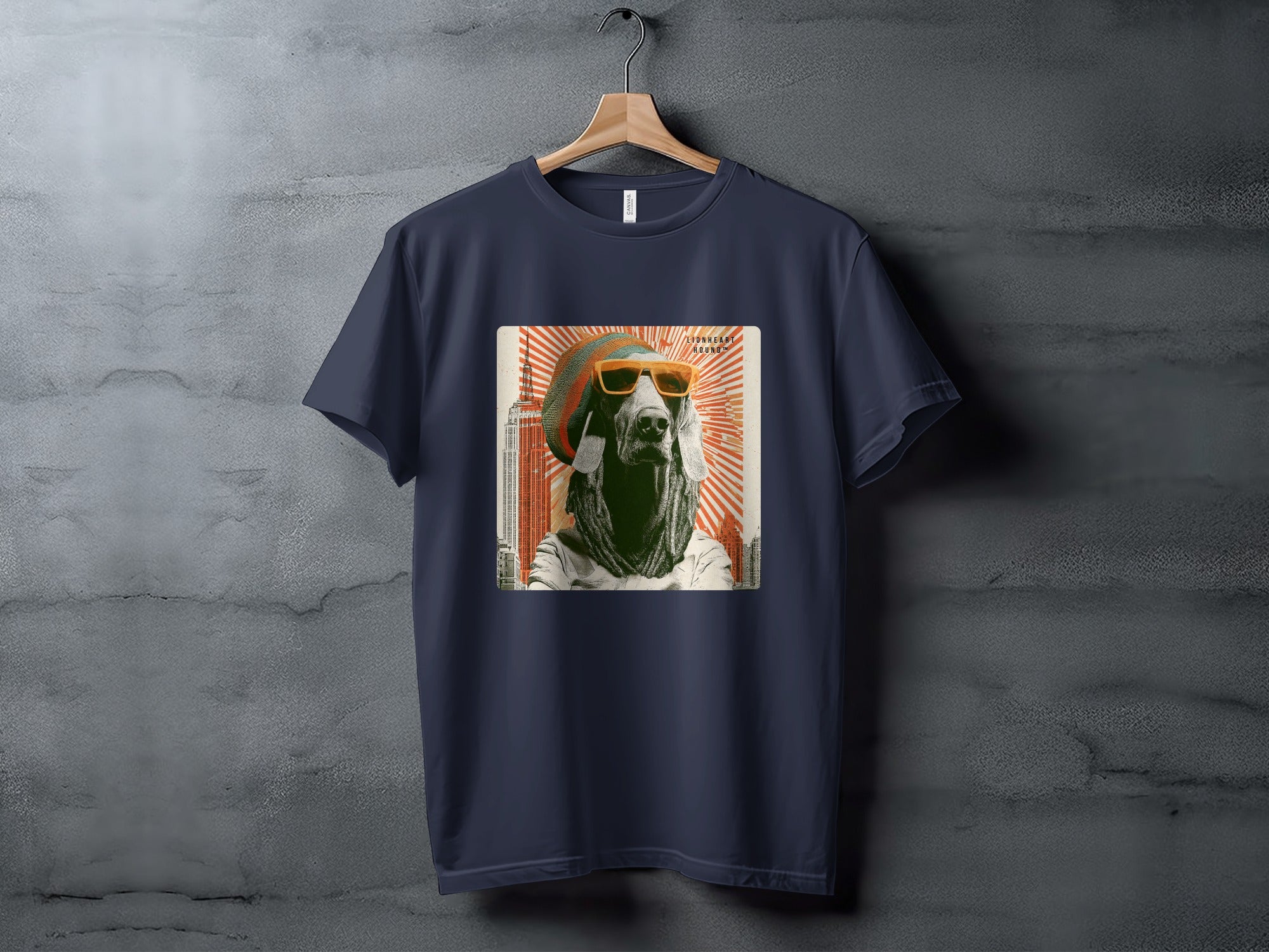 T-shirt featuring a stylized illustration of a dog wearing sunglasses and a hat.
