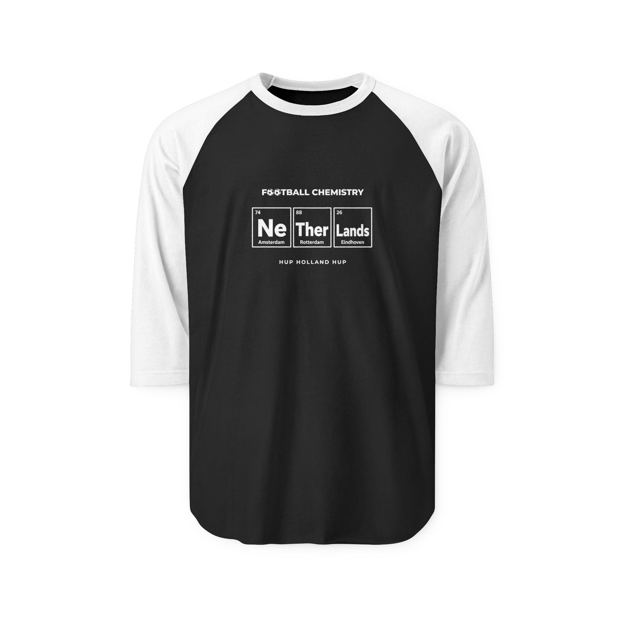 Black and white baseball tee with "Football Chemistry" and "Ne Ther Lands" text.