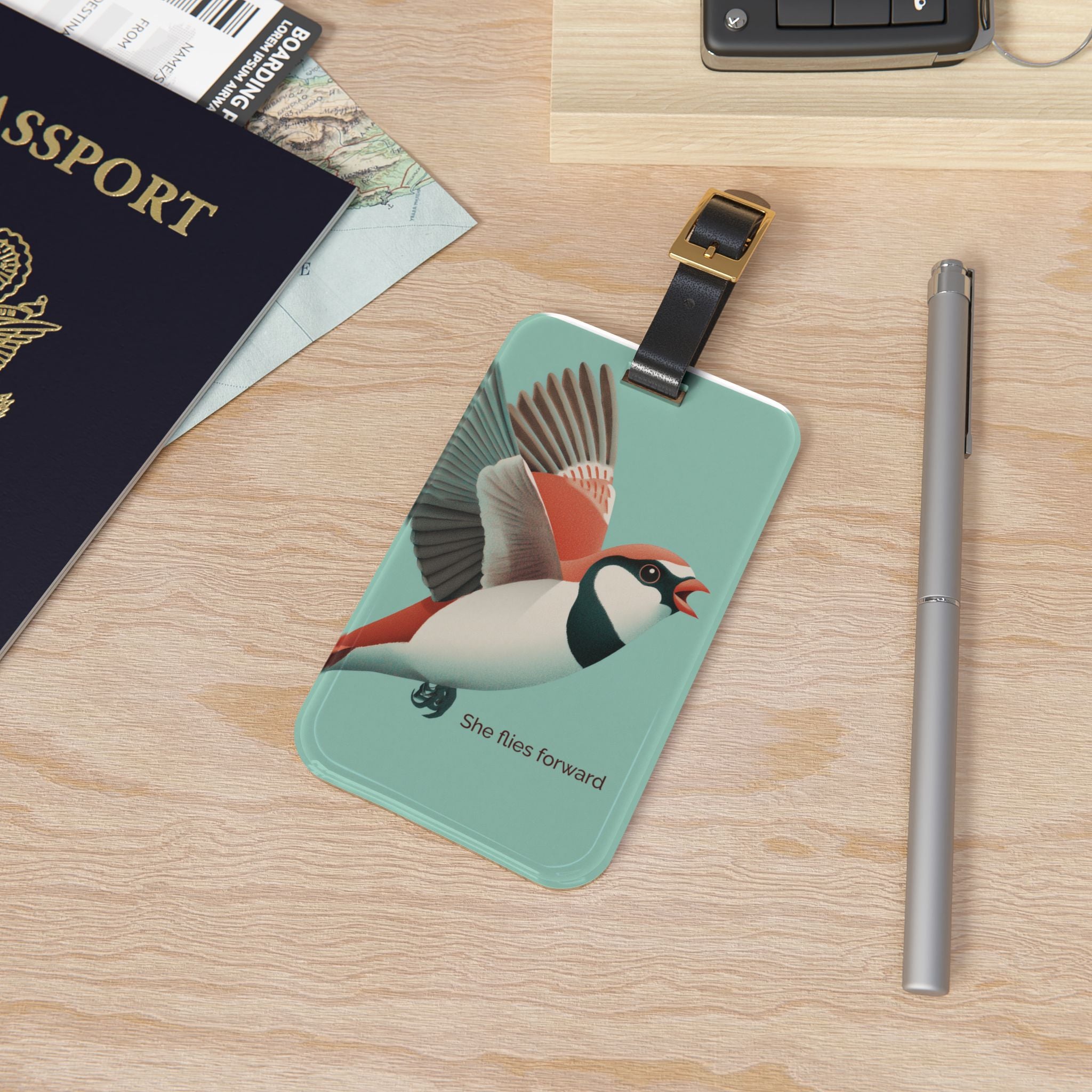 She Flies Forward Luggage Tag | Motivational Graphic Green Minimal