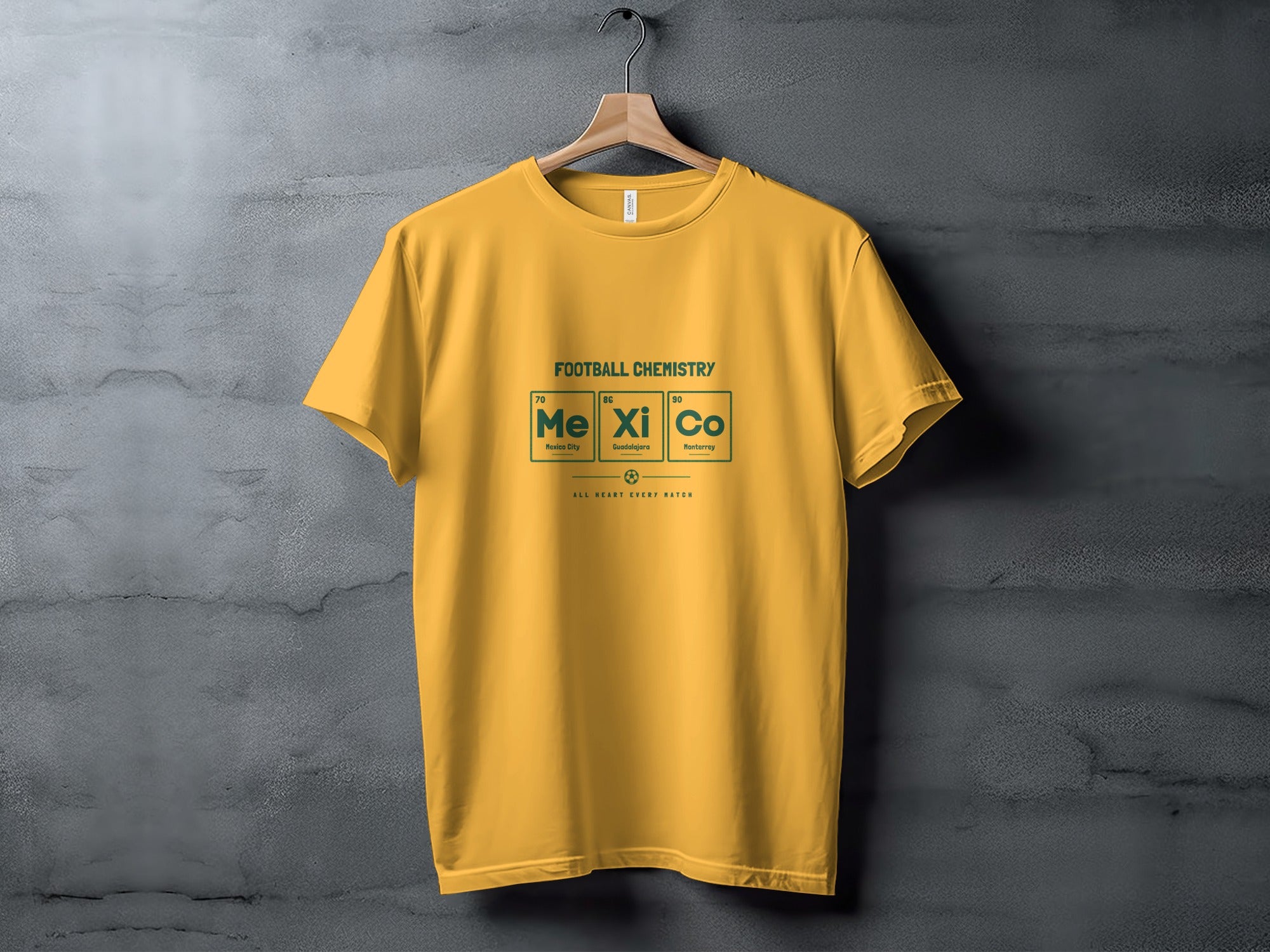 Yellow t-shirt with "Football Chemistry" and periodic table elements with city names.