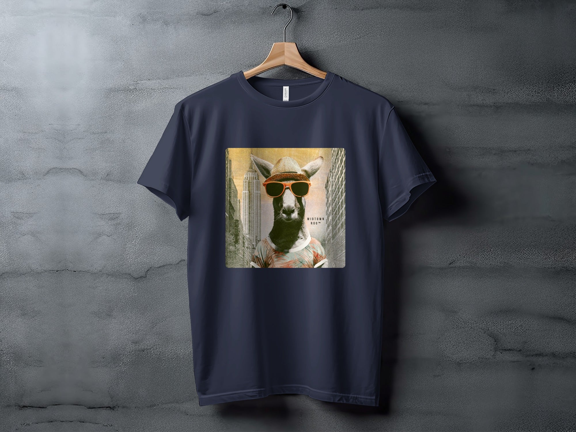 T-shirt with a graphic of a kangaroo wearing sunglasses and a hat.