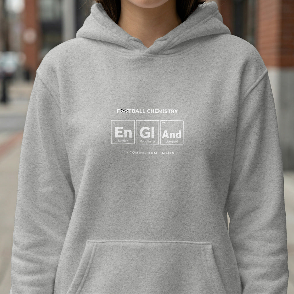 Grey hoodie with "Football Chemistry" graphic featuring periodic table elements and text.